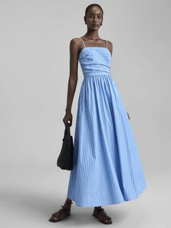 Ontre 2025 Women's Summer Vacation & Commute Casual Striped Spaghetti Strap Dress, Autumn/Winter