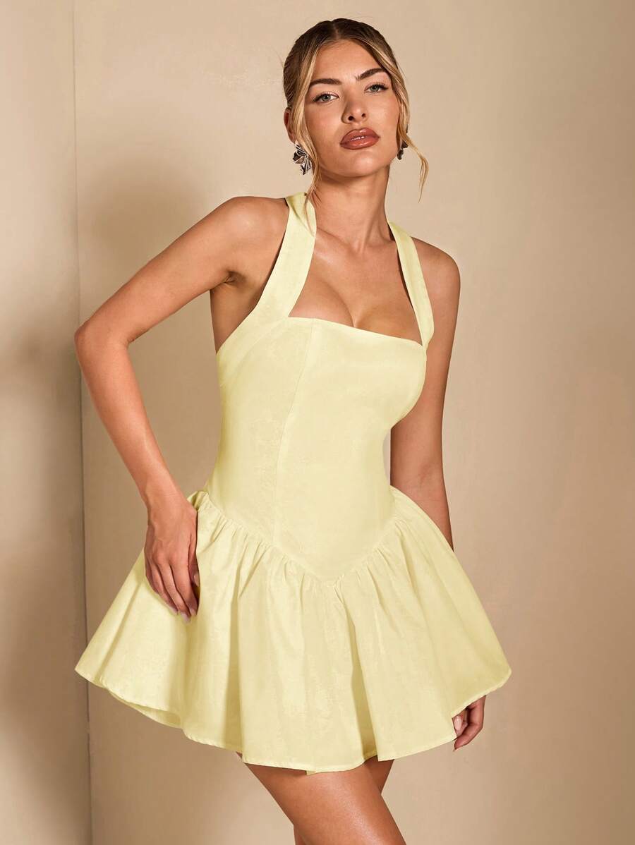 SHEIN BAE 纯色方领露背方领褶皱迷你连衣裙露背连衣裙粉色女士泡泡无袖连衣裙宫廷风格节日连衣裙夏季背部大蝴蝶结装饰，优雅，女士海滩装/海滩，女士婚礼宾客礼服/新娘送礼会礼服白色，毕业礼服/毕业装，女士早午餐装，女士音乐会装/狂欢装节日/乡村音乐会装/伊比沙岛装/纳什维尔装，度假，度假，端庄，热带度假女装，辣妹，夏季/夏季服装/夏季服装，女士春季服装，约会夜礼服，伴娘迷你连衣裙，优雅小黑裙，春夏露背 - 黃色 - 查看 1