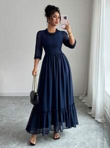 Modelyn 女士优雅荷叶边袖蓬松纹理雪纺长款连衣裙，春夏款 - 藏蓝色 - 查看 6