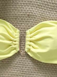 SHEIN Swim 女士夏季海滩纯色抹胸金属装饰比基尼上衣 - 黃色 - 查看 4