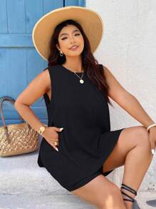 SHEIN VCAY 大码女式夏季度假黄色针织套装，宽松圆领无袖 T 恤搭配 3/4 长度紧身打底裤，两件套海滩岛装