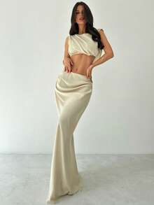 Firerie Women's Elegant Sophisticated Romantic Fashion New Holiday Party Music Festival Daily Draped Lapel Sleeveless Cropped Shirt Top And Low Waist Pleated Super Long Skirt Apricot 2 Pieces Set - Apricot - View 5