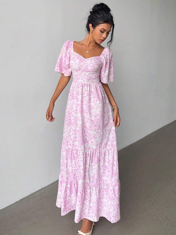 Elenzga Sommer Kurzarm Strandurlaub Musik Festival rosa Blümchen Maxikleid