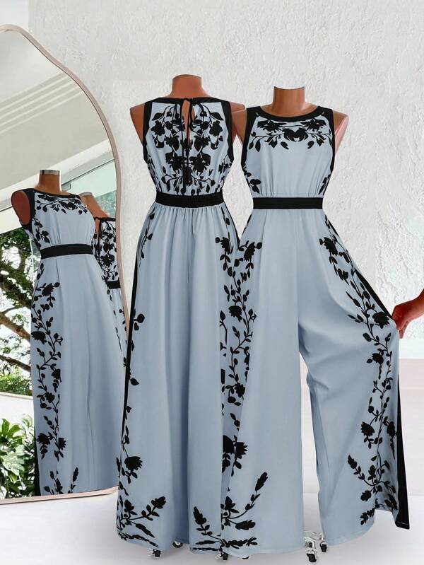 SHEIN Clasi Plus Size Women Floral Print Sleeveless Wide-Leg Jumpsuit With Back Tie