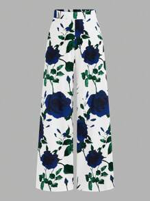 SHEIN Clasi 大码高腰印花休闲裤，简约风格，适合日常穿着，情人节春季女装，情人节简约可爱节日服装，女士优雅阔腿裤 - 彩色 - 查看 1