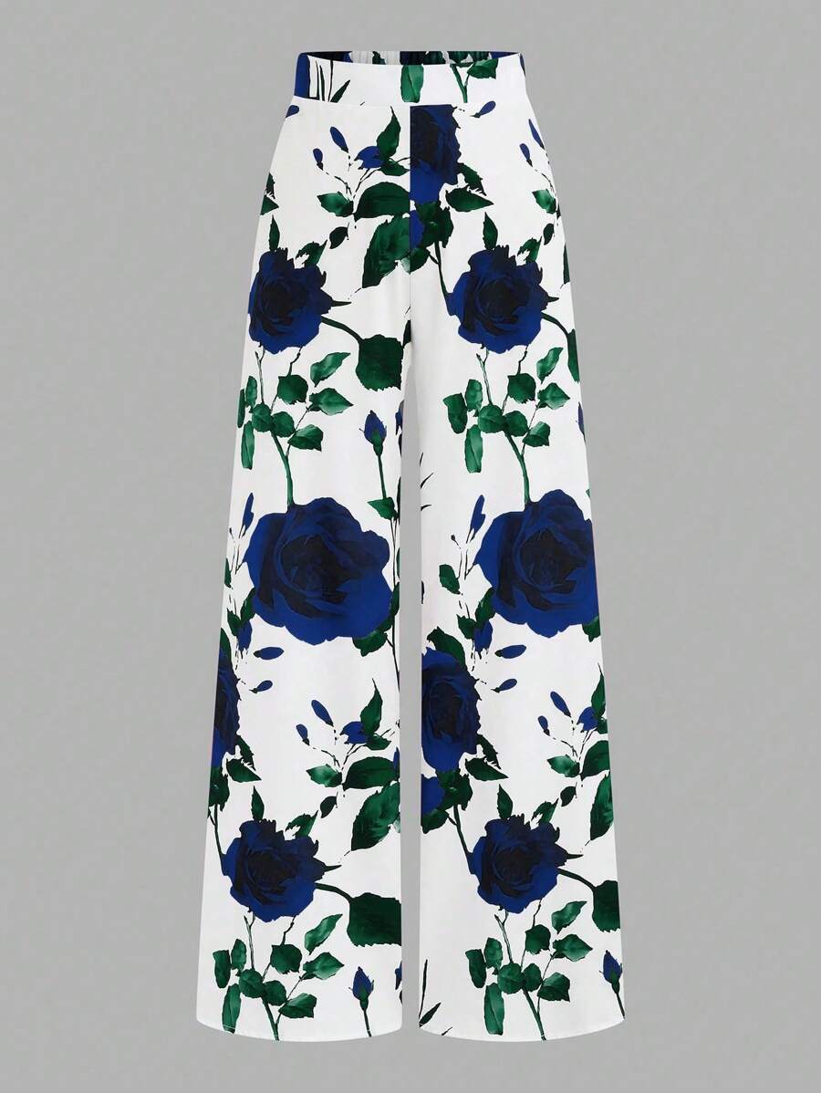 SHEIN Clasi 大码高腰印花休闲裤，简约风格，适合日常穿着，情人节春季女装，情人节简约可爱节日服装，女士优雅阔腿裤 - 彩色 - 查看 1