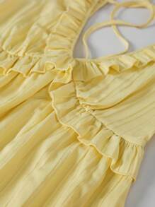 Dames mini-jurk met ruches en bandjes, effen kleur en geel, casual vakantiestijl, zomer
