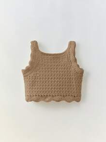 Maija Kids Maija Kids 2pcs Vacation Casual Outfit Set For Young Girls: Breathable Mesh-Knit Decorated Puff Hem Short Camisole Top + Short Shorts, Suitable For Spring/Summer Girls Crochet Set Crochet Two Piece Set Kids Crochet Outfit Girl Knit Set Summer Two Piece Set Kids,In Fall/Winter