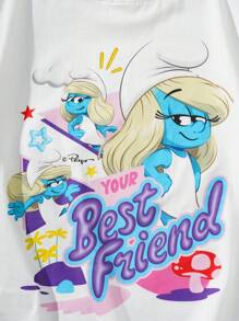 The Smurfs X SHEIN Tween Girl Cartoon Smurfette Graphic White Casual Versatile Short Sleeve T-Shirt - White - View 6
