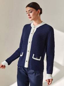 CLARA VERO Women Contrast Hem Detailed Front Button Pocket Detailed Navy Cardigan - Navy Blue - View 5