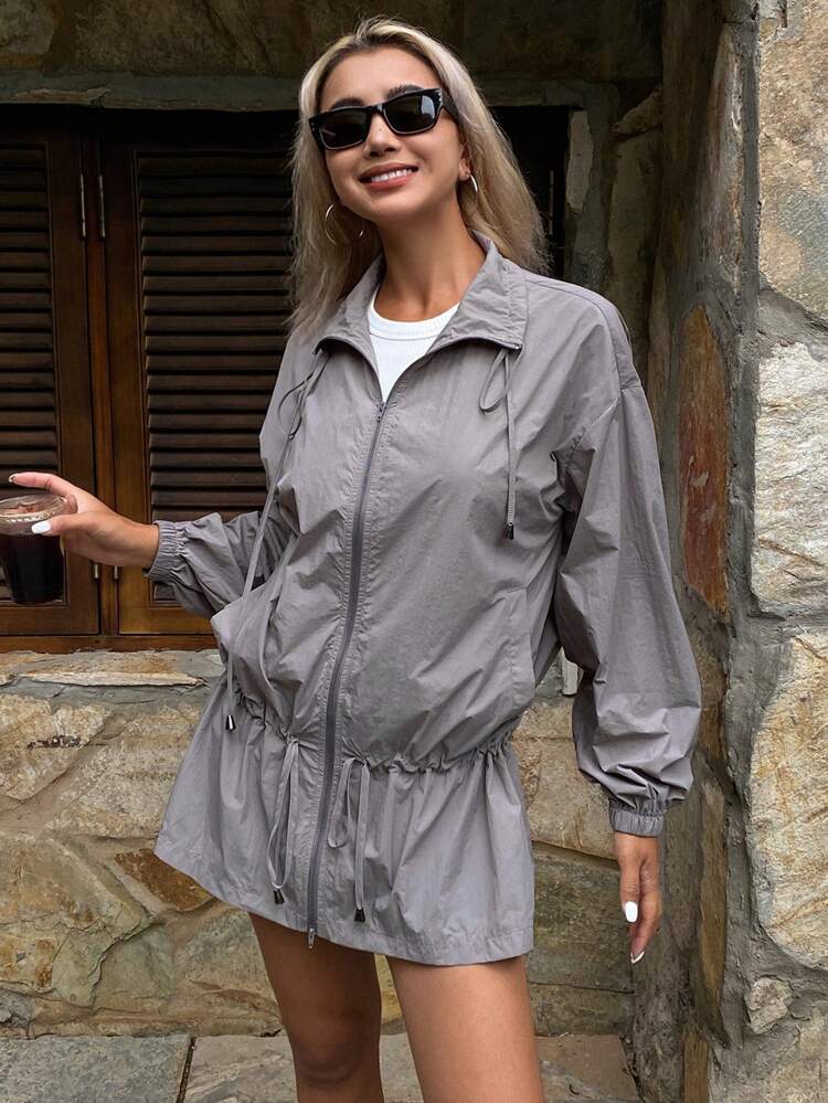 Plain Loose Long Sleeve Drawstring Ruched Flounce Hem Casual Vacation Summer Women Thin Jacket