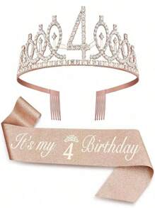 Set de 2 piezas que incluye peine para el cabello con corona de cristal de strass para el 3er, 4to, 5to, 6to, 7mo, 8vo, 9no cumpleaños, decoración de aniversario, "¡Es mi 5to cumpleaños!", faja de satén, suministros para fiestas, corona de strass y decoración de cumpleaños, navidad, día de la madre, graduación - Multicolor - Ver 3