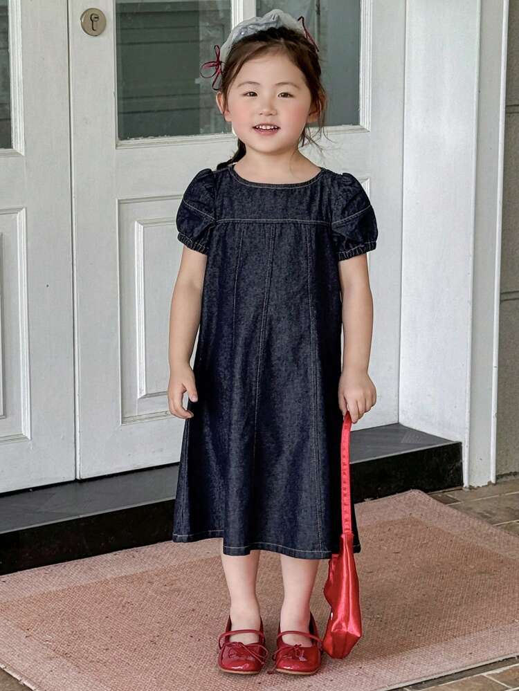 Young Girl Casual Korean-Style Puff Sleeve Loose A-Line Washed Denim Dress, Girls Summer Outfits