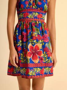 CAJUNI Vestido mini de línea A con cintura hueca, estampado floral tropical bohemio de resort para mujer, Estilo cabaña Casual de Verano