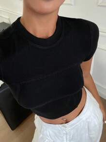 DAZY Damen Lässig Raglanärmel Split Design Slim Fit Sexy T-Shirt, Kurzarm, Streetwear, Sommer, Crop Tops Damen, Kleidung für den Schulanfang - Schwarz - Übersicht 5