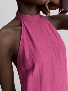 Ontre Blusa de estilo vacacional morada para todo el año, uso diario, elegante blusa holgada de cuello halter con pliegues - Morado - Ver 5