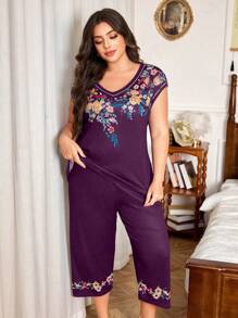 Trezura Conjunto de pijama sin mangas de cuello en V con estampado retro, ropa de estar por casa informal para mujer