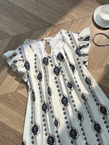 Flirla Blusa holgada con estampado retro y mangas cortas para tallas grandes de verano