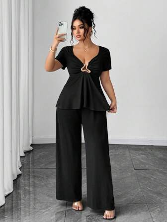 Elenzga Plus Size Women 2pcs/Set Metal Buckle Hollow-Out Waist A-Line Hem Short Sleeve Wide Leg Casual Jumpsuit, Spring/Summer Women S Clothes Women Summer Clothing Woman S Summer Clothes Women Casual Sets Women Plus Clothing Business Casual Women Plus Clothing Formal  Sets