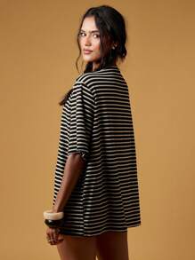 MISSGUIDED Oversized gestreiftes T-Shirt, Basic Lässig Loose Fit, Rippstoff, Streetwear Essentiell, Herbst Winter Frühling Kollektion - Verschiedenfarbig - Übersicht 2