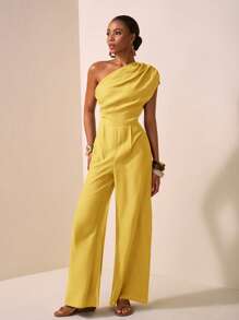 Zivah Women's Asymmetric Design Textured Fabric Brown Sleeveless Jumpsuit, Suitable For Music Festivals, Easter, St. Patrick's Day, Western/Nomadic Style, Birthday Parties, Graduation, Campus Style, Casual Outings, Vacation, Cruise Travel, Beach, Sun Bathing, Street Style, Elegant Yellow - Yellow - View 6