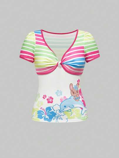 ROMWE Avant Women's Floral Striped Print Twist Front Short Sleeve Fitted T-Shirt