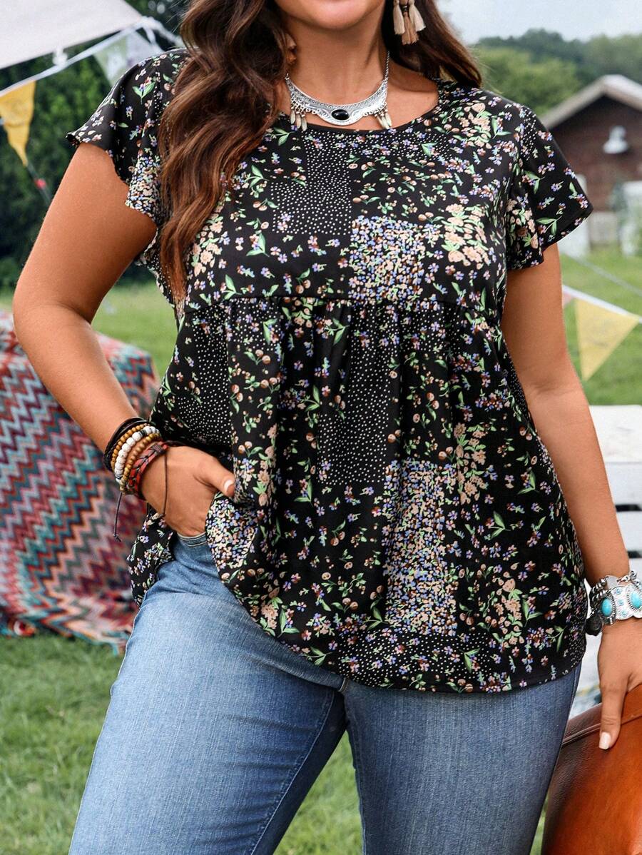 EMERY ROSE 大码碎花休闲度假衬衫,休闲风格,休闲,夏季时尚,女士夏季,乡村音乐会,女士西部,女士夏季,女士加大码商务休闲夏季,女士加大码正式,波西米亚风上衣加大码,波西米亚风上衣,花卉/春季 - 黑色 - 查看 1