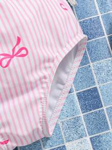 SHEIN Babygirl Cute Pink & White Striped Bow Cutout One-Piece Swimsuit, Summer - Pink - View 8