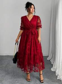 Modelyn Plus Size Women Butterfly Mesh Ruffle Sleeve Elegant Dress - Red - View 5