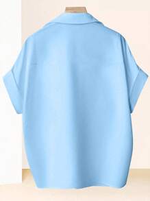 Franclia 女式简约设计宽松蝙蝠袖翻领纯色短袖衬衫 - 藍色 - 查看 2