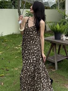 DAZY Women's Peasant Style Leopard Print Slip Dress - Brown - View 6