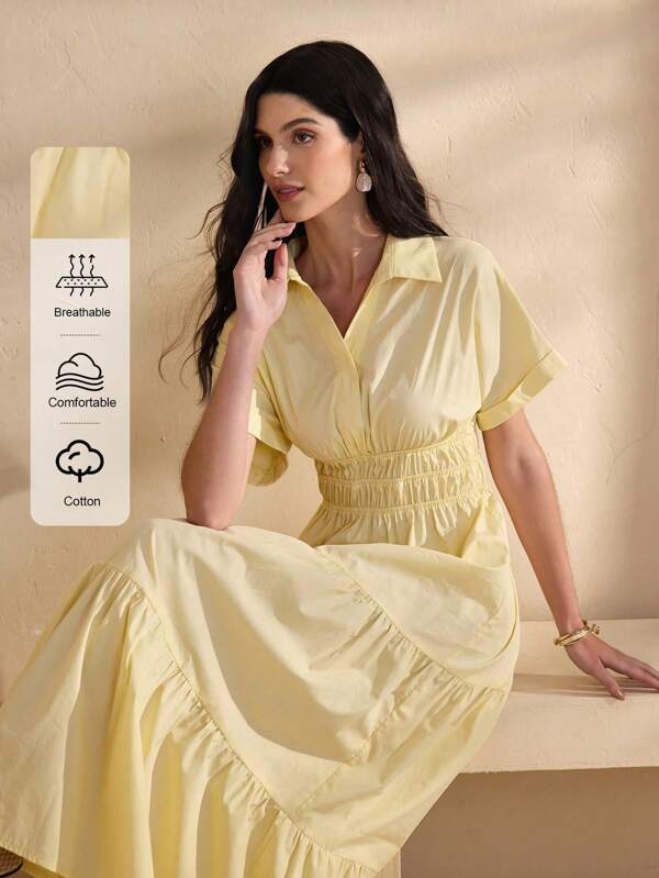 Graceveil Fashion Collared Waist Ruched Elastic Design Long Butter Yellow Dress Women Summer Clothing