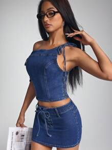 SHEIN Unity Tie-Up Oblique Shoulder Washed Denim Top - Dark Wash - View 7