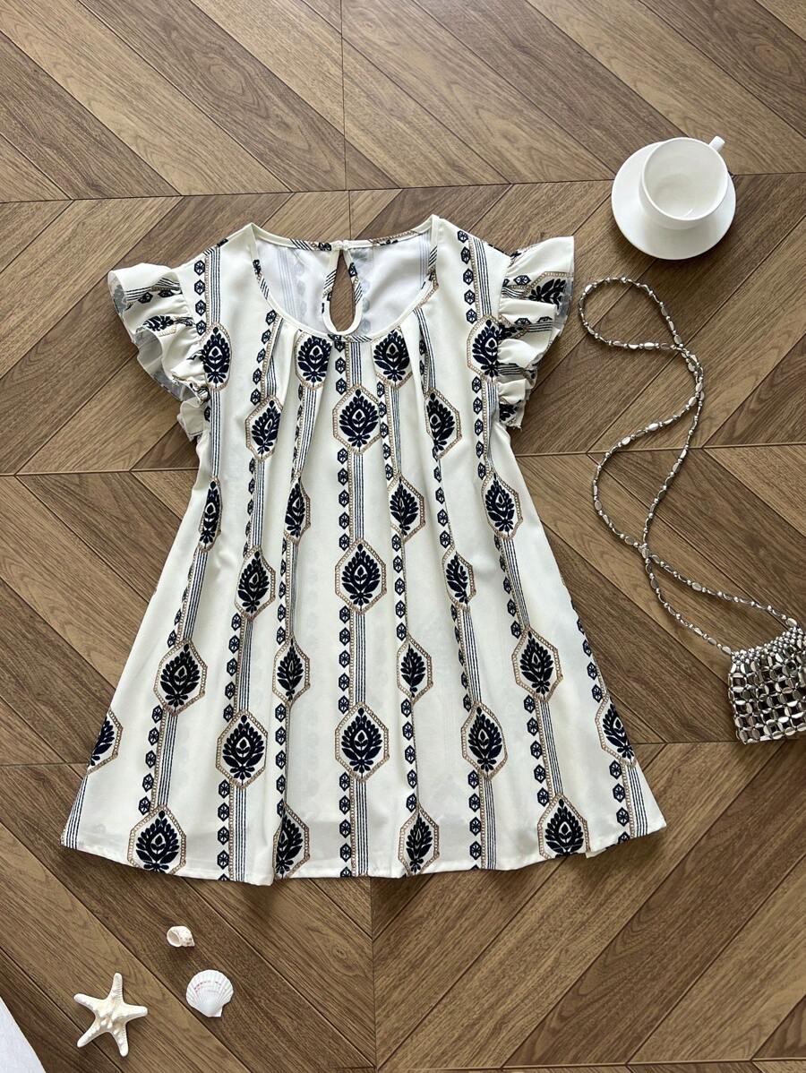 Flirla Blusa holgada con estampado retro y mangas cortas para tallas grandes de verano