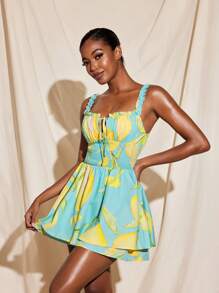 Becci Summer Lemon Fruit Printed Ruffle Strap Smocking Layered Jumpsuits Women Summer Casual Romper