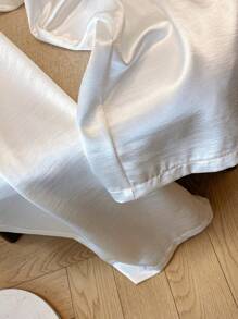 SHEIN PETITE 优雅休闲直筒闪亮编织抽绳腰女式白色裤子，春夏