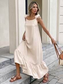 Serisse Women's Vacation Solid Color Open Back Tie-Up Ruffle Hem Dress Vacation Dress