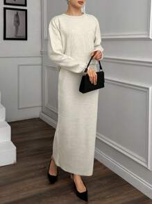 SHEIN Cottnline Casual Comfy Oversize Fit Drop Shoulder Long Sleeve Sweater & Maxi Knitted Solid Color Fitted Plain Pattern Knit Skirt 2 Pieces Set For Women Winter Collection,Petite - Apricot - View 3