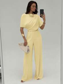 Aloruh New Simple Solid Apricot Color Ruched Shoulder Jumpsuits, Sexy Cinching Waist Wide Leg Pants - Yellow - View 7