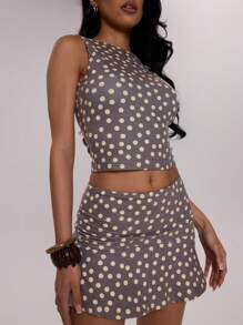MUSERA Dainty Polka Dot Jersey Round Neck Sleeveless Summer Fun Girly Crop Top & Mini Skirt Winter Evening Spring - Multicolor - View 2