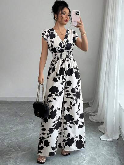 Elenzga Women's Spring/Summer Fashion Elegant V-Neck Waist-Cinched Wide Leg Pants, Floral Print Flowing Palazzo Pants, Minimalist Color-Block, Suitable For Commuting And Outings