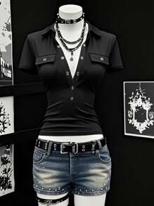 Chiquease 女士性感紧身纯色深V领短袖T恤 - 黑色 - 查看 1