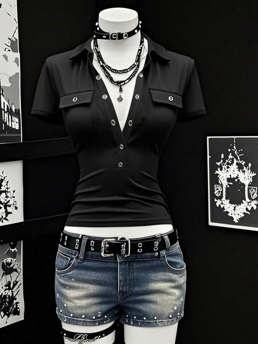 Chiquease 女士性感紧身纯色深V领短袖T恤 - 黑色 - 查看 1