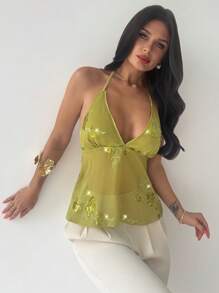 SHEIN X Scot Louie Firerie 女士夏季时尚性感 V 领低胸串珠花卉刺绣系带后背细肩带短款上衣、度假吊带上衣、性感 V 领吊带上衣、春夏、海滩、性感、度假、海滩、夏威夷、约会之夜、派对、音乐节 - 綠色 - 查看 3