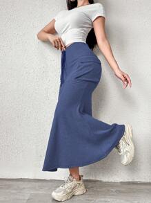 Mulvari Women's Solid Color Simple Daily Wear Drawstring Waist Skirt Maxi Women - Dusty Blue - View 5