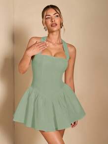 SHEIN BAE Solid Color Square Neck Backless Square Collar Pleated Mini Dress Backless Dress Bubble Sleeveless Dresses Summer - Mint Green - View 3
