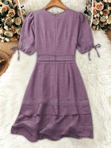 Breezaya Women's Solid Color V-Neck Ruffled Trim Puff Sleeve Waisted Summer Dress