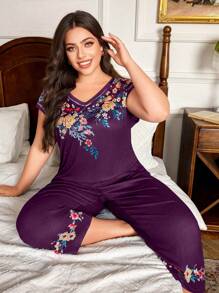 Trezura Conjunto de pijama sin mangas de cuello en V con estampado retro, ropa de estar por casa informal para mujer