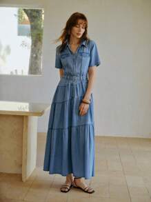 MOTF PREMIUM BELTED BUTTON UP SHORT SLEEVE DENIM DRESS - Blue - View 4