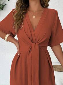 SHEIN Clasi Fashionable Casual Retro V-Neck Cinched Waist Jumpsuit - Orange - View 5